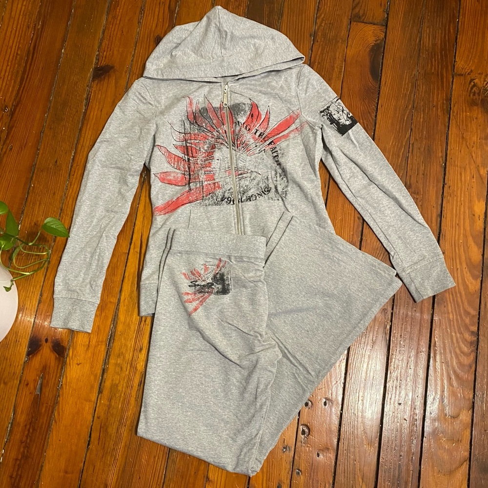 Seven7 Y2K Grey Jogger Set Size M/L bootcut pants & matching hoodie